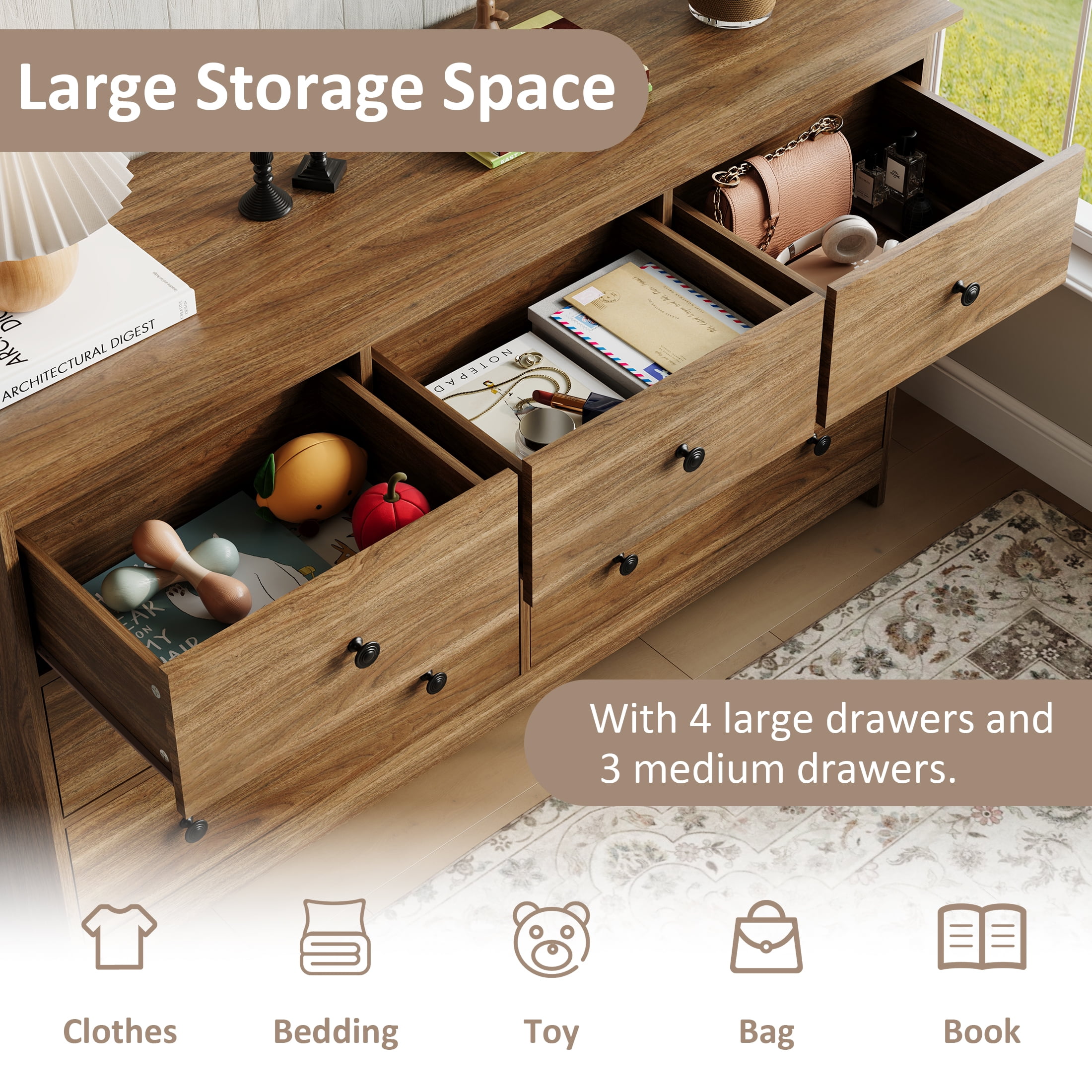 YouTrend 7 Drawer Dresser, Modern Brown Chests of Drawers Wood Adult Storage Cabinet for Bedroom Living Room Hallway