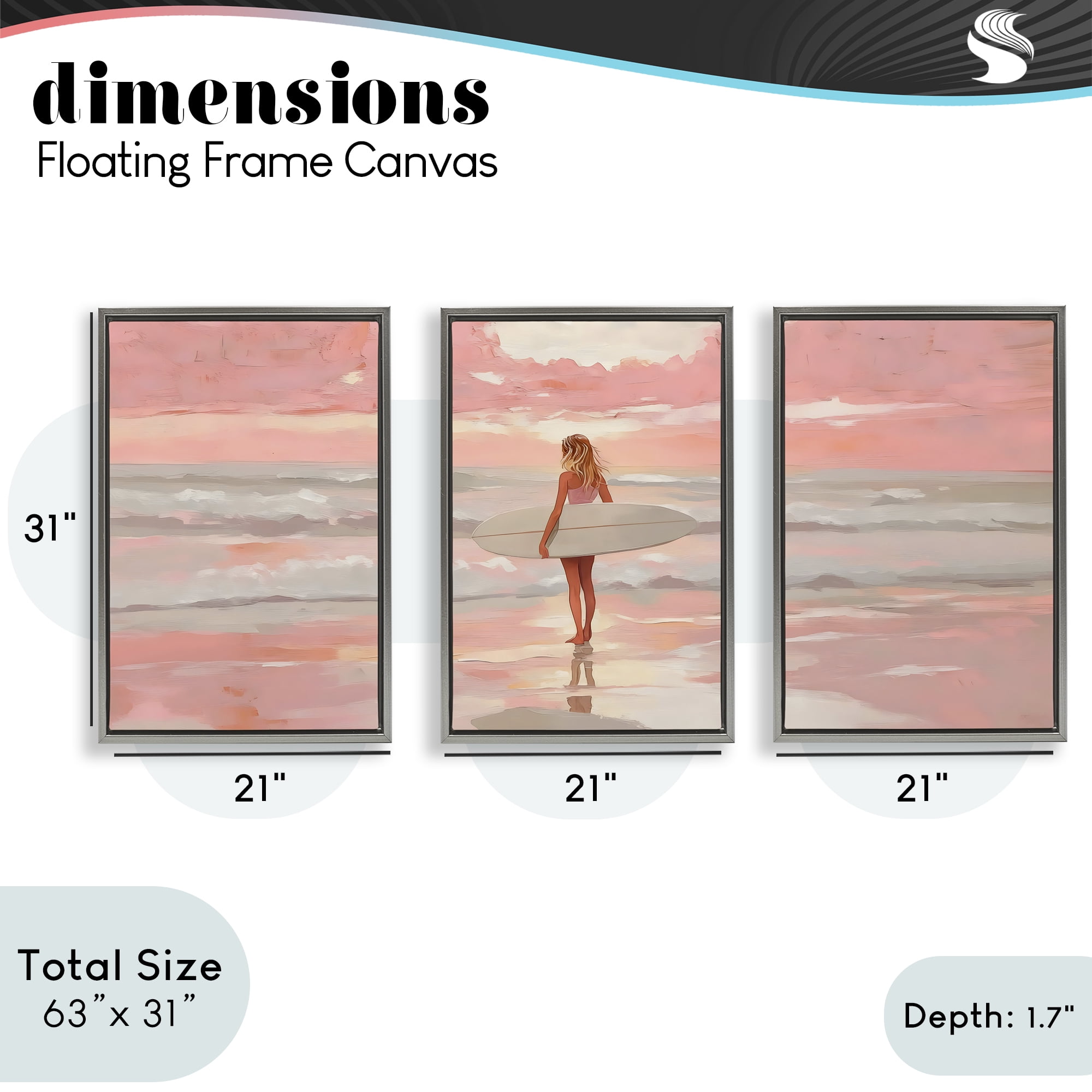 Stupell Industries Pink Sky Surfer Sunrise 3 Piece Gray Framed Floater Canvas Set, design by LSR Design Studio