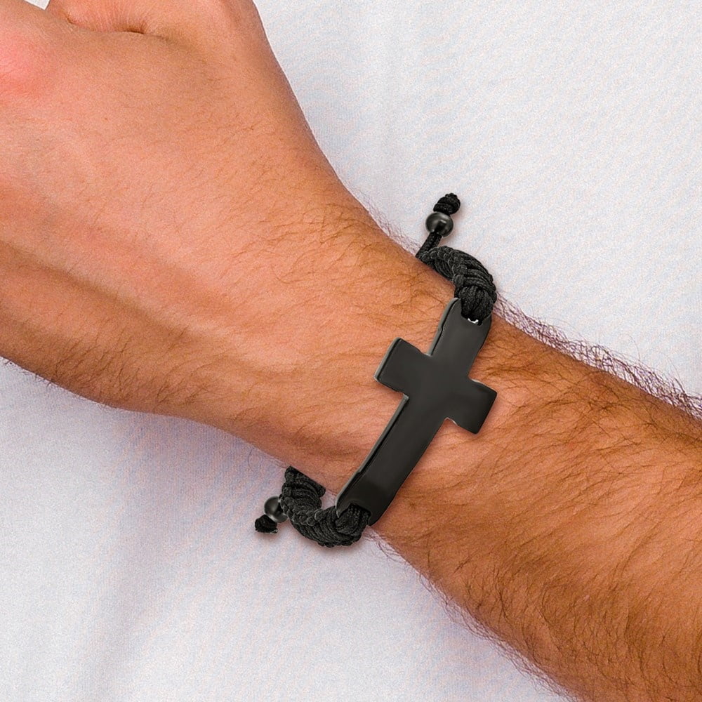 Diamond2Deal Stainless Steel Polished Black IP-Plated Cross Black Nylon Adjustable Bracelet for Men