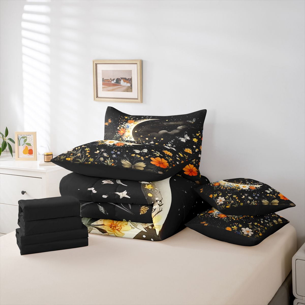 Homewish Chic Flowers 7-Piece Twin Bedding Sets For Teens Boys Girls,Floral Butterflies Bedding Comforter Set,Starry Sky Moon Breathable Sheet Sets,Luxury Bedroom Decor,Reversible