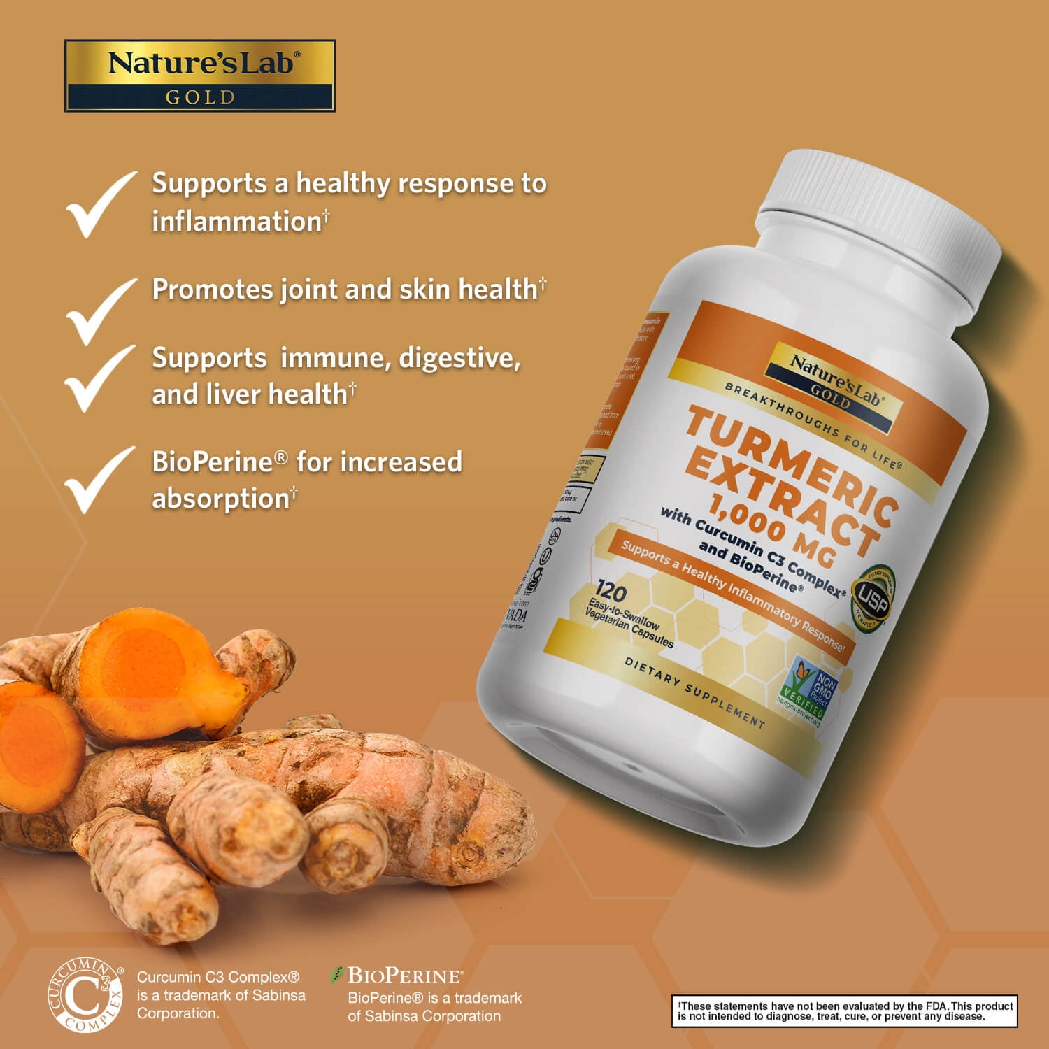 Nature's Lab Turmeric Curcumin C3 Complex 1000mg - 120 Capsules (60 Day Supply) - Turmeric Extract 1000mg & BioPerine 5mg Standardized to 95%, Promotes Cardiovascular, Immune, Joint, Skin Health*
