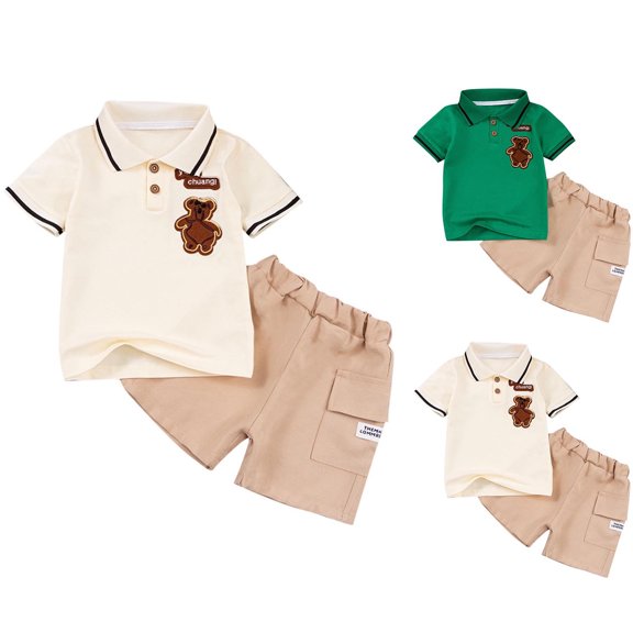 YHAJDS Boys 2 Piece Outfit Short Sleeve Collar Bear Print Shirt with Pocket Shorts