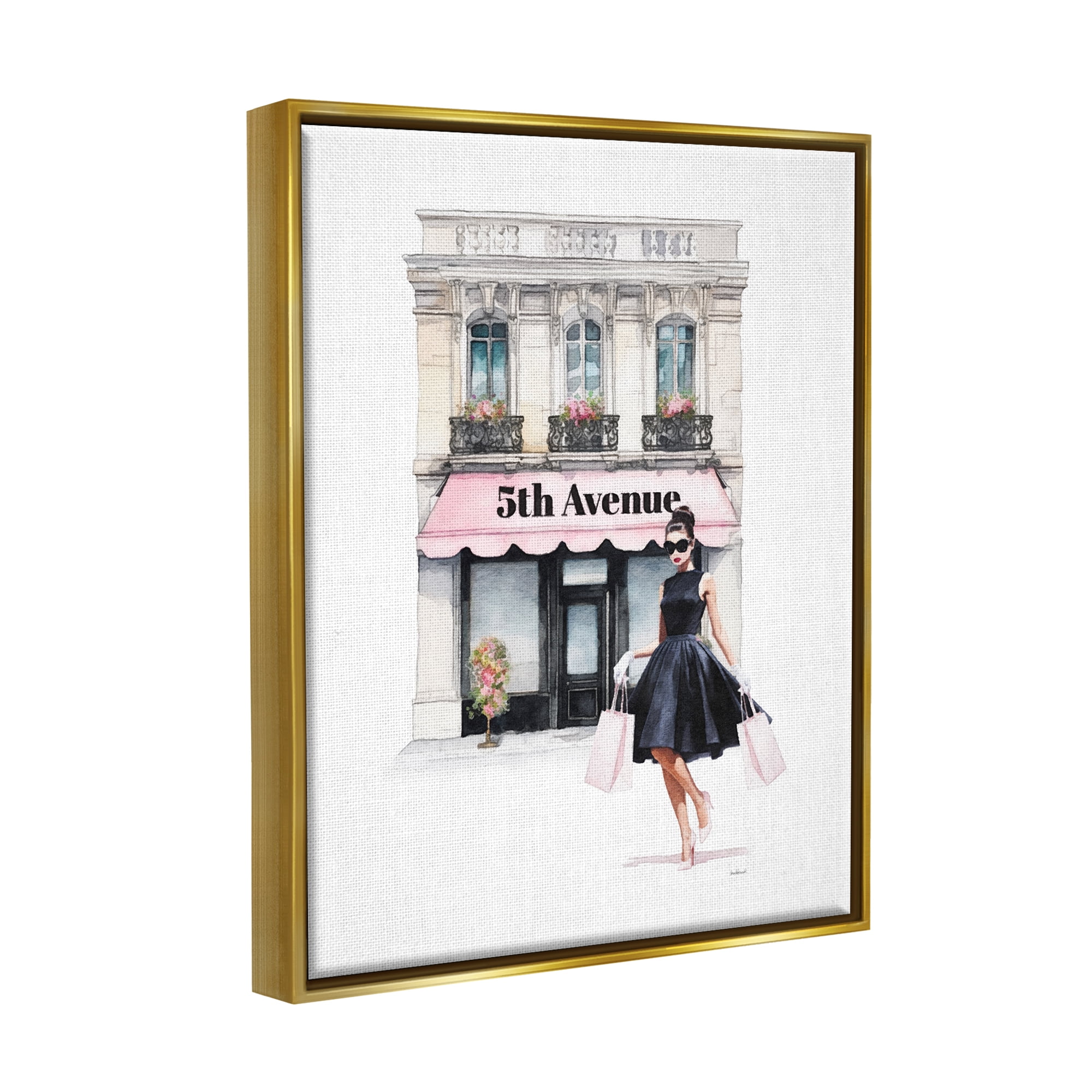 Stupell Industries Female Shopping Architecture Beauty & Fashion Painting Gold Floater Framed Canvas Art Print Wall Art, 17 x 21