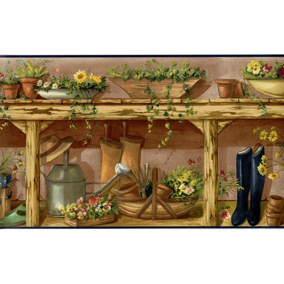 TRIMZ Country Gardening Wallpaper Border Pre-pasted, Ready to Apply Farmhouse Wall Décor, Length 15'