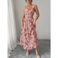 thumbnail image 4 of Bubblegum Pink Floral Print Waist-Gathering Pleated A-Line Maxi Dress For Women, 4 of 6