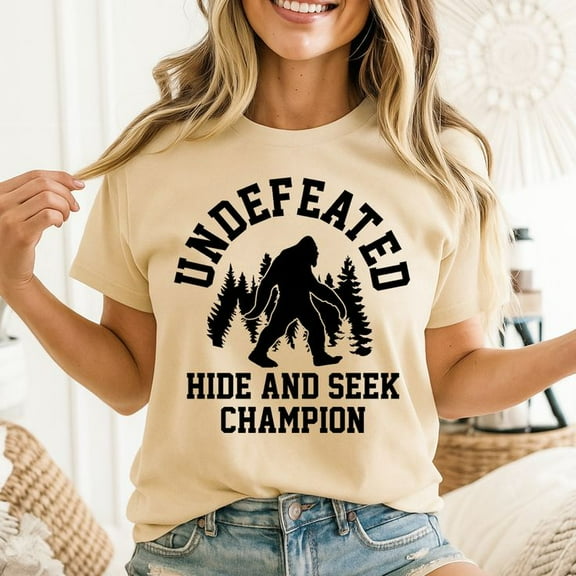 Undefeated Hide and Seek Champion Shirt, Funny Bigfoot Sasquatch Shirt, Men's And Women's Graphic Tee 100% Cotton by TBun, Full Sizes S-5XL