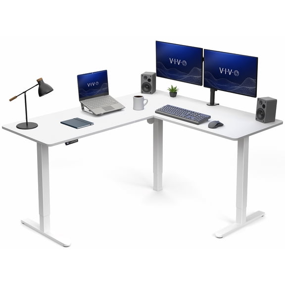 VIVO White Electric 63" x 55" Corner Stand Up Desk, L-Shaped Workstation