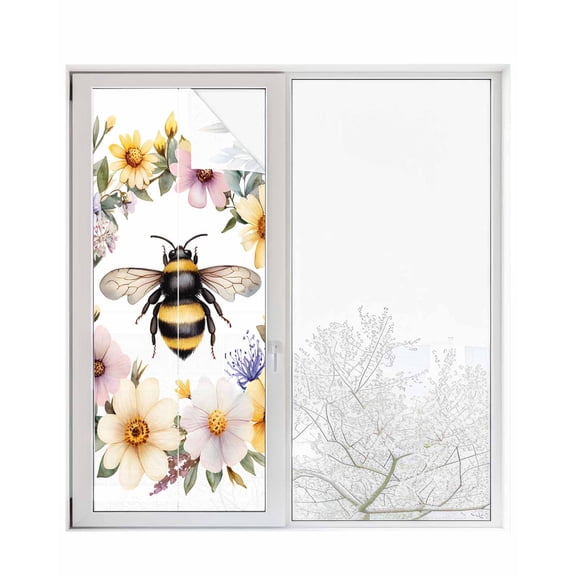 Window Privacy Film Rustic Bee Garland Stained Glass Window Film Decorative Sun Block Window Cover Spring Floral Watercolor Window Clings Static Adhesive Sticker for Bathroom 29.5"x78.7"
