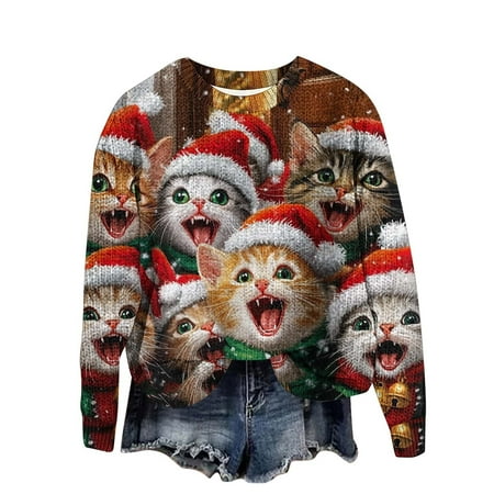 asdoklhq Christmas Turtleneck Sweater Women s Round Neck Printed Hoodie Long Sleeved Top Multicolor XL