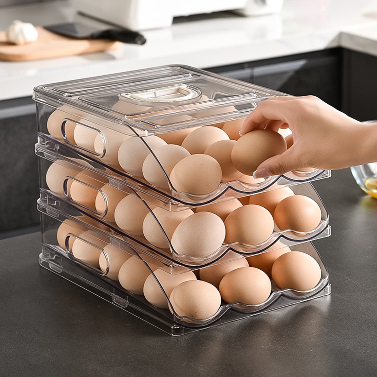 sunsanly Automatic Rolling Egg Organizer Storage Box BPA-Free Non-Slip Design Easy to Clean Transparent Stackable Egg Dispenser with Sturdy Lid