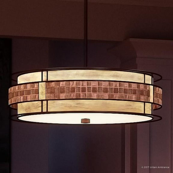Urban Ambiance Luxury Art Deco Chandelier, Medium Size: 5.5"H x 22"W, with Moroccan Style Elements, Copper Revival Finish and Oyster Mica Inner Shade, Mosaic Tile Outer Shade, UQL2430