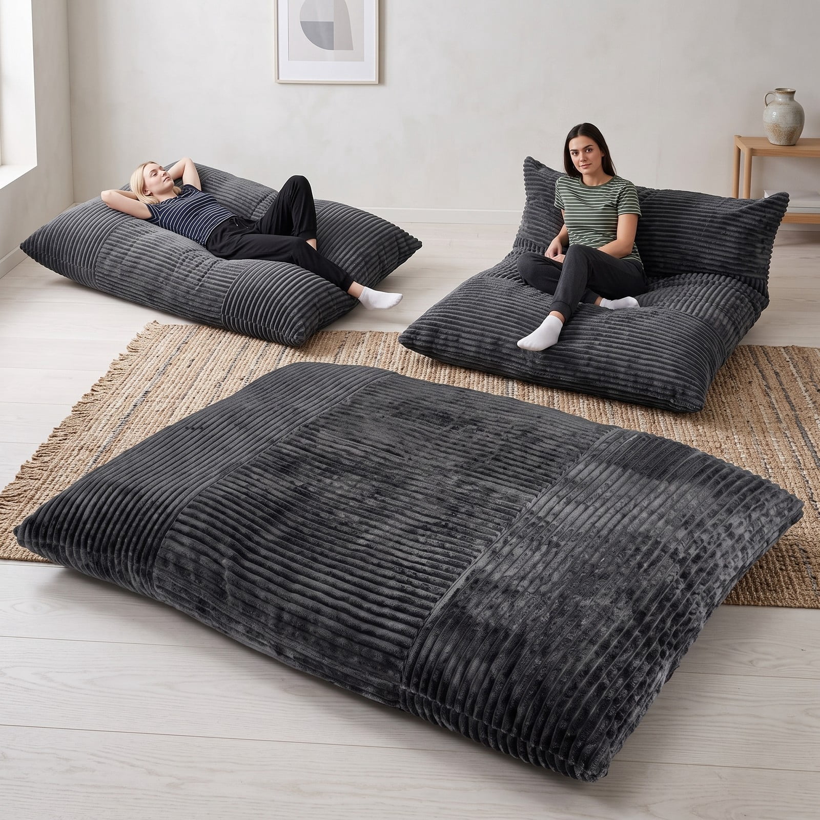 Furnibear Convertible Bean Bag Floor Sofa, Machine-Washable Corduroy Cover Shredded Foam Lounger Bean Bag Bed for Living Room Dorm Gaming Reading, Dark Gray