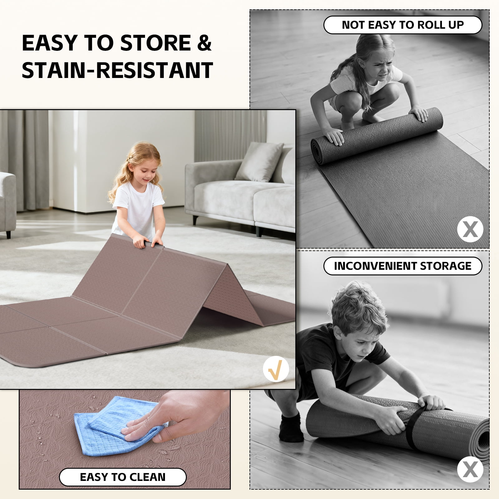 BAIMA Large Yoga Mat Thick Extra Wide and Long , Foldable Portable Travel Square Mats(Brown+Apricot)