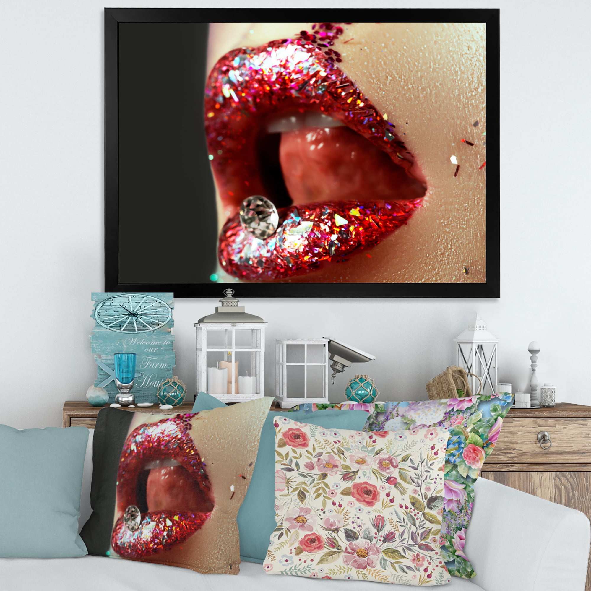 Designart 'Artistic Girl Lips Make-Up' Modern Framed Art Print