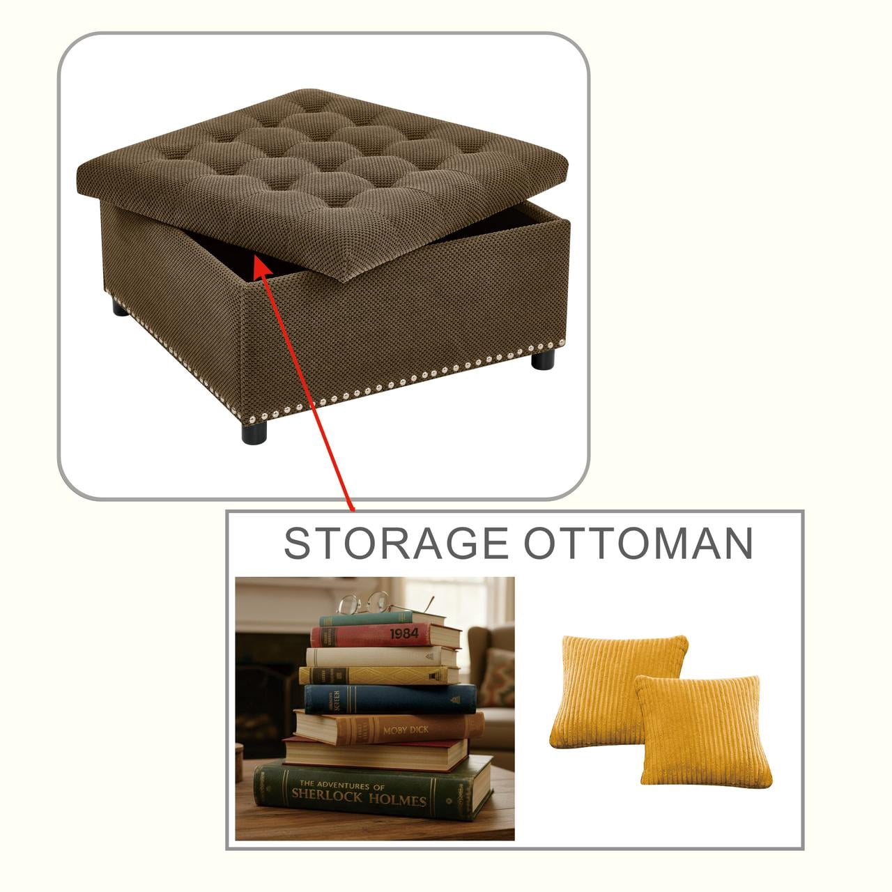 Tufted Storage Ottoman with Nailhead Trim, Square Footstool with Hidden Storage Compartment, Upholstered Coffee Table for Living Room, Bedroom, Dark Brown