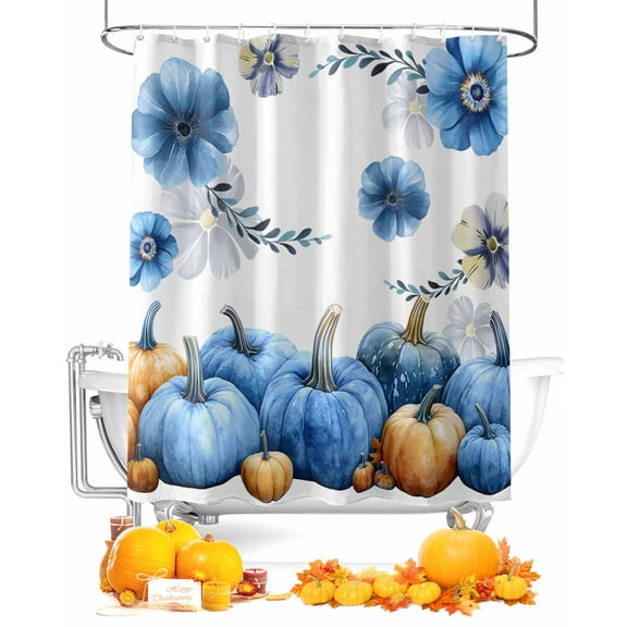 Fall Shower Curtain Blue Pumpkin Flower Bathroom Curtains with Hooks, Waterproof Fabric Autumn Leaves Thanksgiving Bath Shower Curtains Set for Bathroom Bathtubs Decor 72x72 Inch