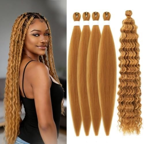 Boho Braiding Hair Pre Stretched - Deep Wave Curly Prestretched Braiding Hair Extensions for Boho Braids(Honey Brown)