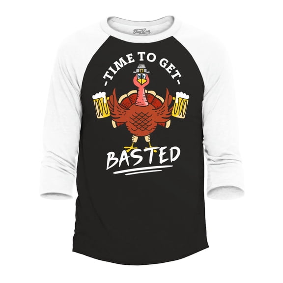 Shop4Ever Men's Time to Get Basted Thanksgiving Turkey Raglan Baseball Shirt Medium Black/White