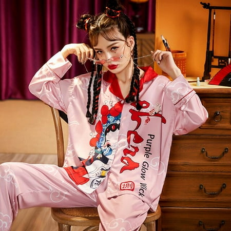 

PIKADINGNIS Women Sleepwear Summer Pajamas Chinoiserie Sexy Pajama Set Plus Size The Tide Imitated Silk Fabric Cartoon