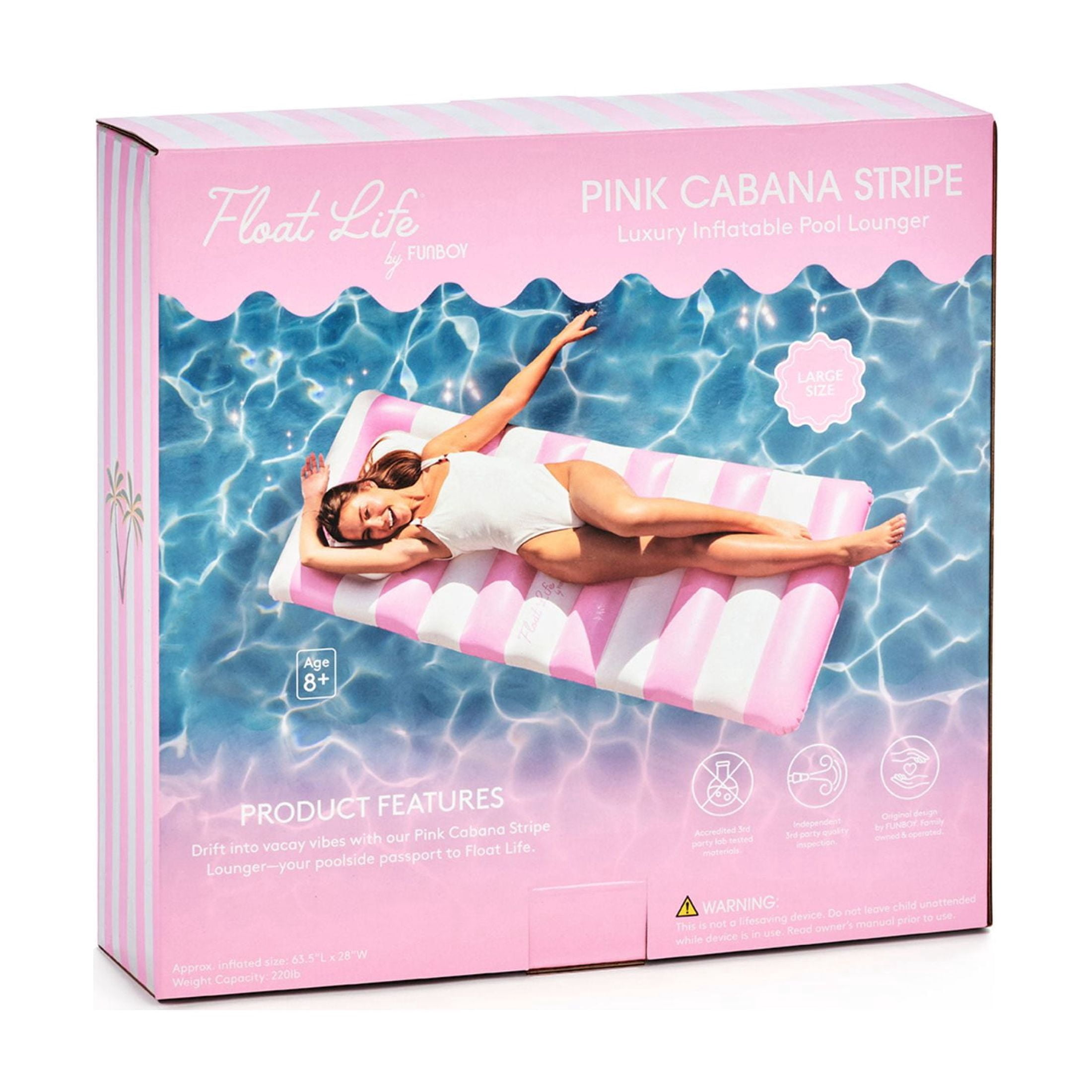 (2 pack) Float Life by FUNBOY Pink & White Striped Palm Pool Float Lounger, Oversized Design, Adults or kids Ages 8+