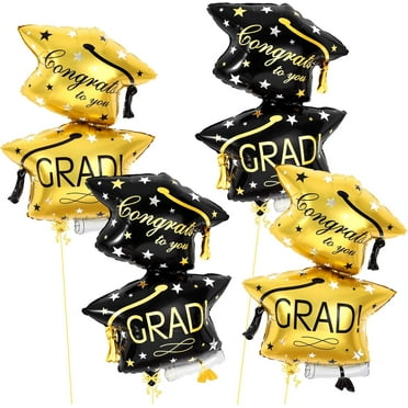 KatchOn, Black and Gold Graduation Hat Balloon - Big, 32 Inch, Pack of 4 | Congrats Grad Balloons | Grad Balloons Class of 2025, Grad Cap Balloon | Graduation Decorations 2025