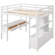 Euroco Full Loft Bed Wood Frame Desk with Drawers and Shelf for Kids Teens, White
