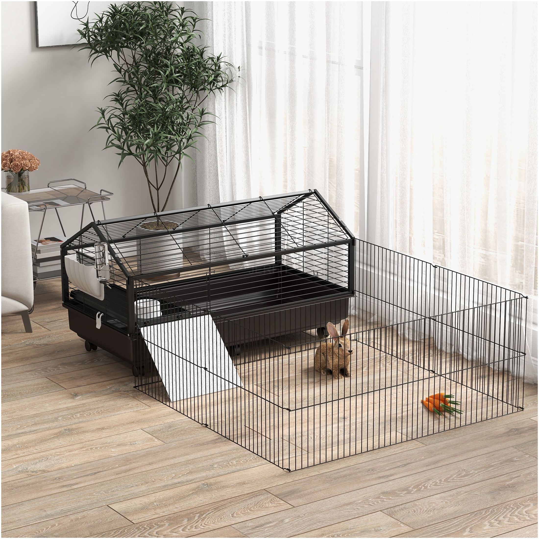 JERFIT 46.5" Small Animal Cage with Playpen, Foldable & Rolling Guinea Pig Hutch with Water Bottle, Food Bowl, Ramps for Rabbits, Hedgehogs