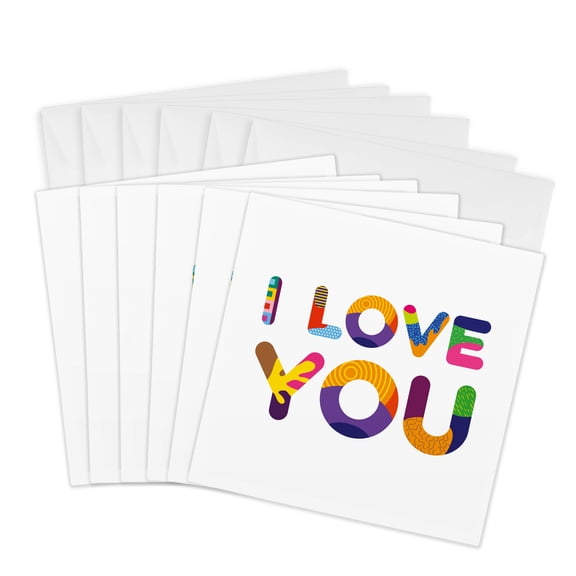 3drose, I Love You Positive Colorful Text, 6 Greeting Cards with Envelopes
