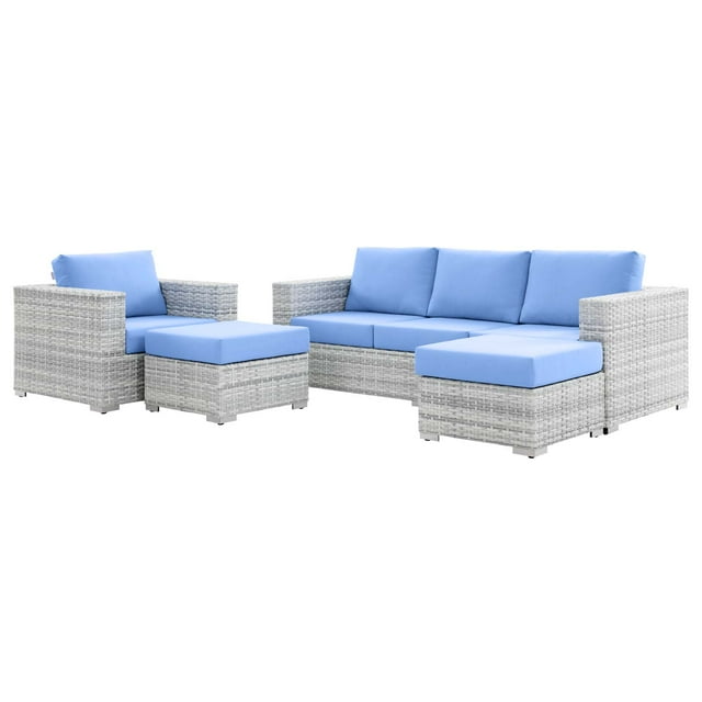 Lounge Sectional Sofa Chair Set, Rattan, Wicker, Light Grey Gray Light Blue, Modern Contemporary Urban Design, Outdoor Patio Balcony Cafe Bistro Garden Furniture Hotel Hospitality