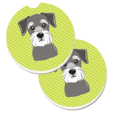 

Checkerboard Lime Green Schnauzer Set of 2 Cup Holder Car Coaster