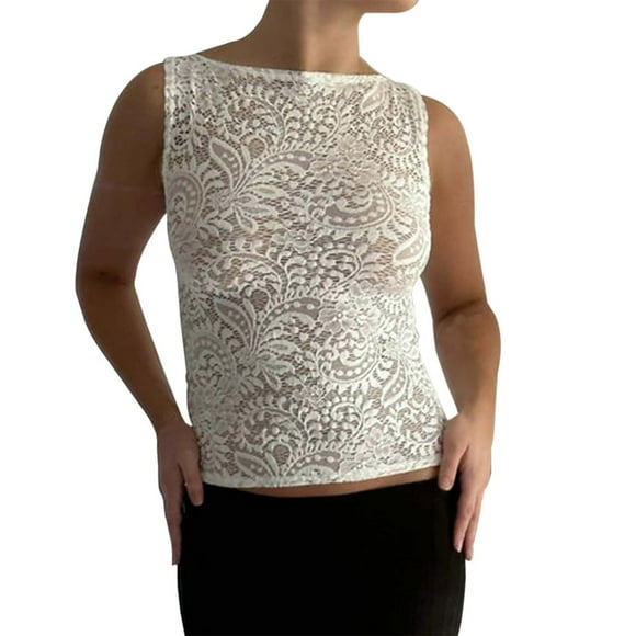 Hiiyo Women's Lace Tank Top See Through Crewneck Slim Fit Sleeveless Tops, White L