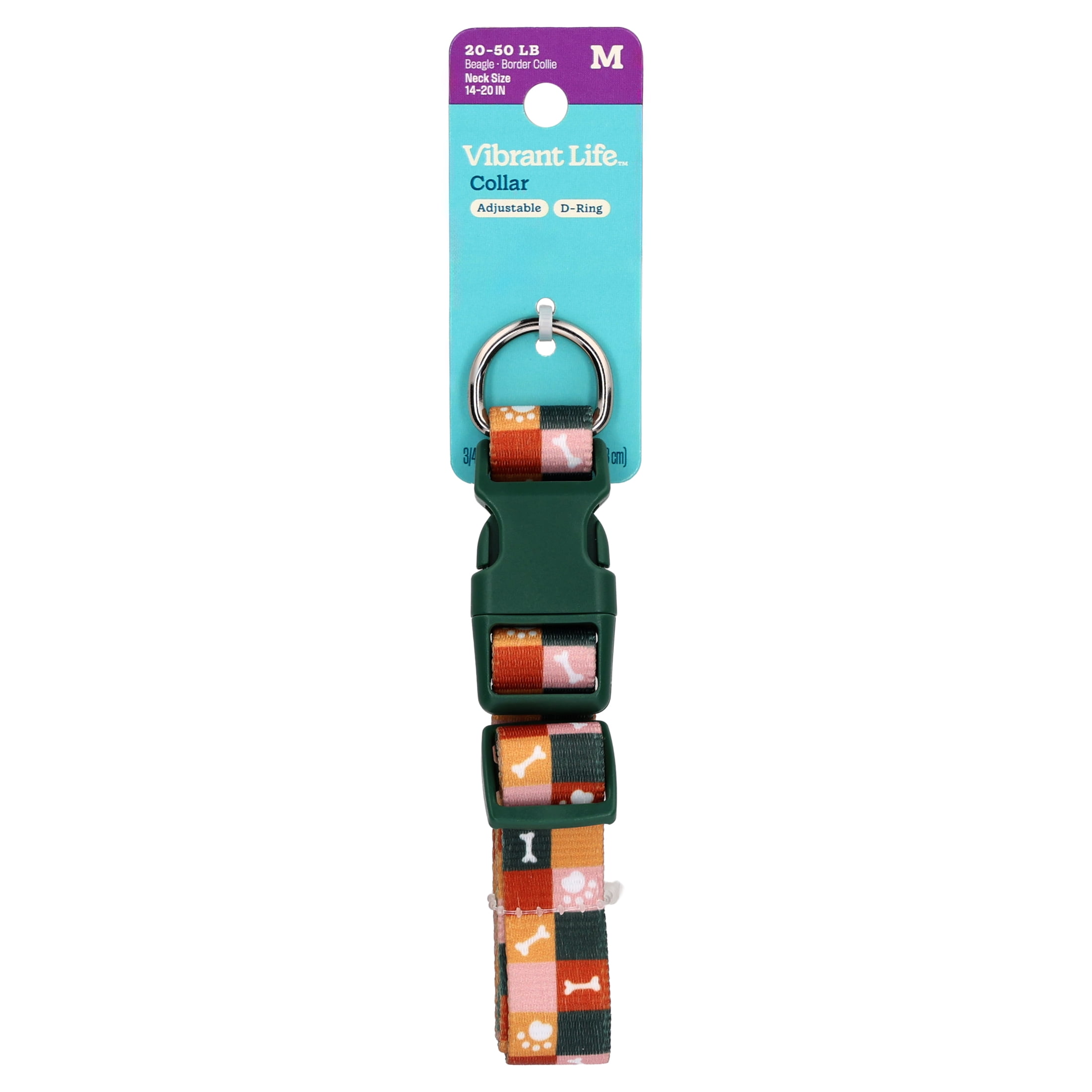 Vibrant Life Adjustable Fashion Dog Collar, Multicolor Bone and Paw Grid, Medium