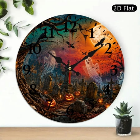 Patifu Silent Non Ticking Round Wall Clock, Ghost Graveyard Print, Battery Operated (AA Not Included), Lobby Corridor Dining Room Bedroom Office Classroom