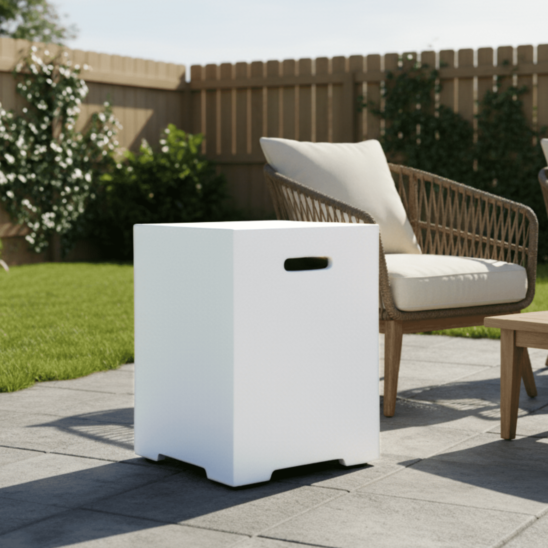 Propane Tank Cover 16 Inch, 20 LB Outdoor Tank Storage Hideaway Table for Gas Fire Pits, Concrete Tank Holder, Side Table, White