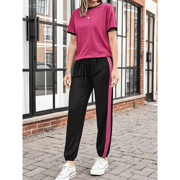 Women's 2-Piece Color Block Tracksuit, Short Sleeve T-Shirt and Jogger Pants Set