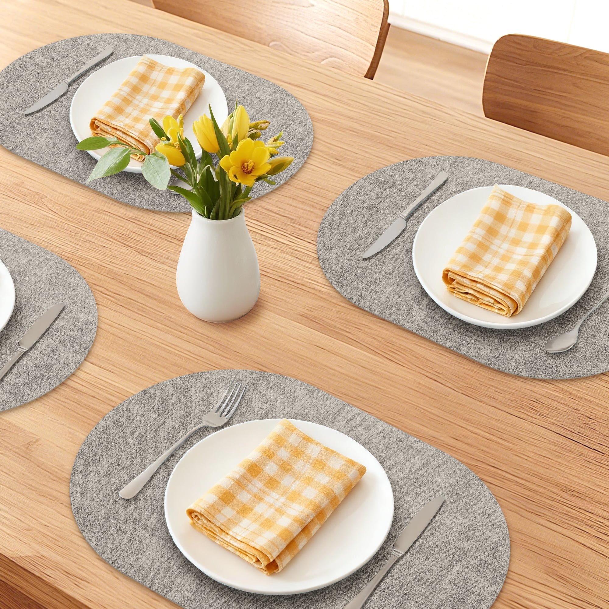 Unique Bargains 6pcs Oval Faux Leather Placemats Light Gray 17.7"x11.8"