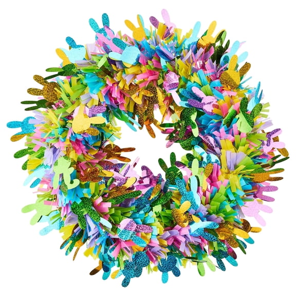 Easter Bunny Wreath, Colorful Ribbon Wreath for Front Door, Tinsel Bunny Wreath with Eggs Decor, Spring Festival Ornament for Home Wall Window Party Decor 11.81 In