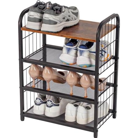 Shoe Rack 3-Tier Shoe Organizer with Guardrails Heavy-Duty Metal Mesh Shelves & Rustic Wooden Top for Stylish Closet & Front Door Storage