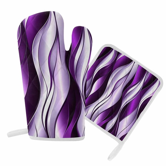 Oven Mitts and Pot Holder Set for Kitchen, Purple Stripe Lines Kitchen Oven Gloves Heat Resistance Non-Slip Surface Potholders Abstract Twist Striped Hot Pads Sets for Cooking Baking Grilling BBQ