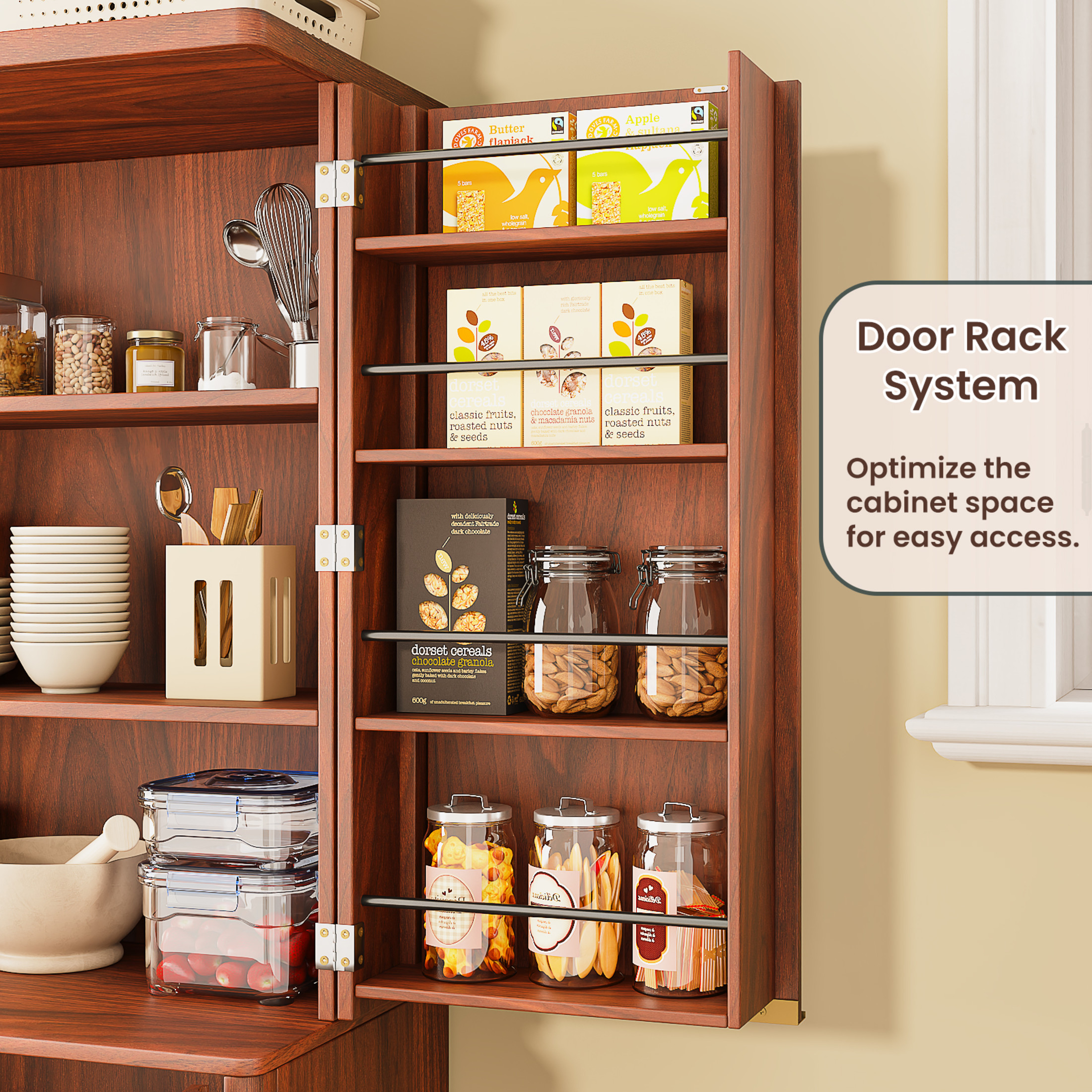 Noble House 72" Tall Modern Fluted Wood Kitchen Pantry Cabinet with Shelves & Door Storage, Walnut
