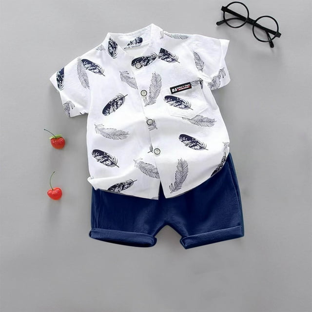 hengsof Children's Two Piece Short Sleeve Leaf Print Button Down Shirt Top and Track Shorts Fashionable Children's Summer Set