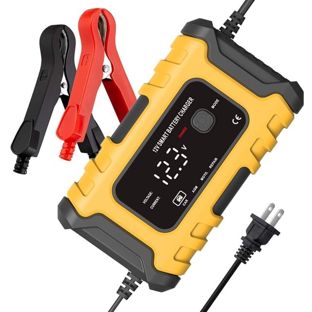 Mistaha 12V6A Battery Charger for Automotive and Motorcycle, Digital Repair Charger - Yellow, US Version