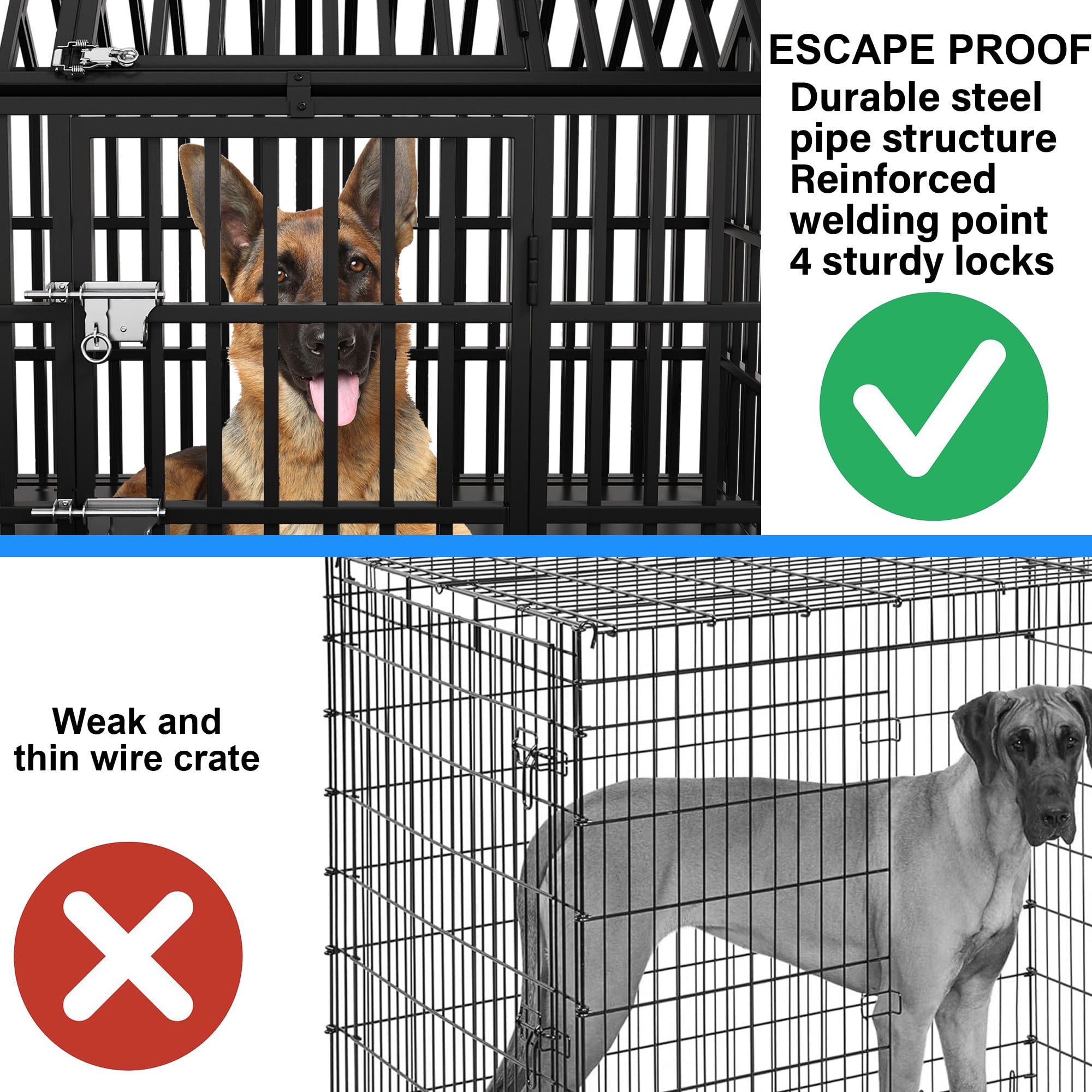 Heavy Duty Dog Crate 58 inch Indestructible Pet Dog Cage Crate Kennel with Roof Top 2 Doors Removable Trays, Lockable Wheels Escape-Proof for High Anxiety Large /Extra Large Dogs Breeds