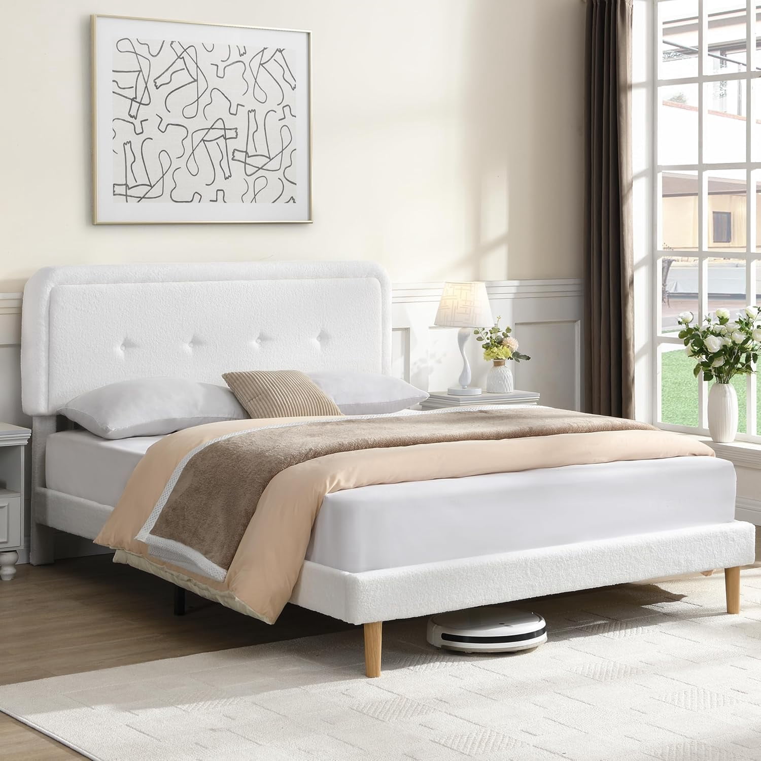 Queen Size Cloud Bed Frame with Adjustable Upholstered Headboard, Soft Boucle Upholstered Platform Bed Frame, Easy Assembly, 3 Adjustable Height