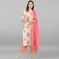 thumbnail image 3 of Janasya Indian Round Neck 3/4 Sleeve Hand Print,Gold Print,Foil Print Multicolor Cotton Kurta With Palazzo And Dupatta For Women, 3 of 11