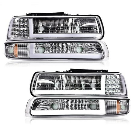 Fit For 99-02 Chevy Silverado/00-06 Suburban Tahoe LED BAR DRL Chrome Headlights