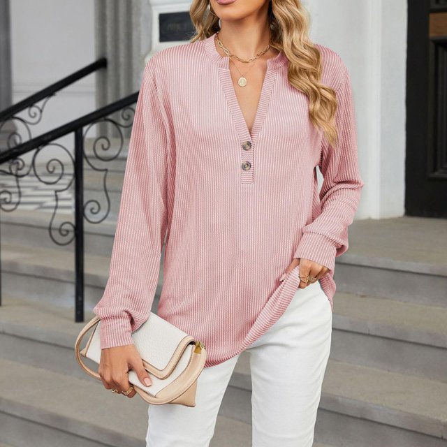 RXIRUCGD Mode Décontractée pour Femmes Sweat-Shirt à Manches Longues Col en V Confortable, Rose, Taille: L