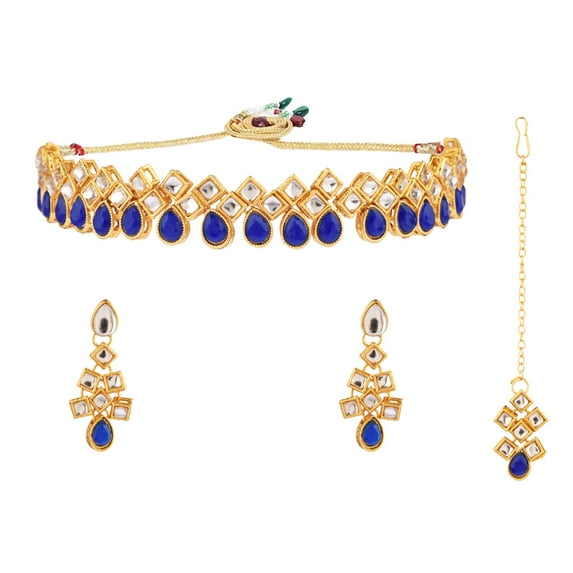 Efulgenz Indian Jewelry Set Antique Vintage Bollywood Blue Crystal Choker Kundan Necklace and Dangle Earrings with Maang Tikka Ethnic Traditional Wedding Bridal Jewelry Sets for Women