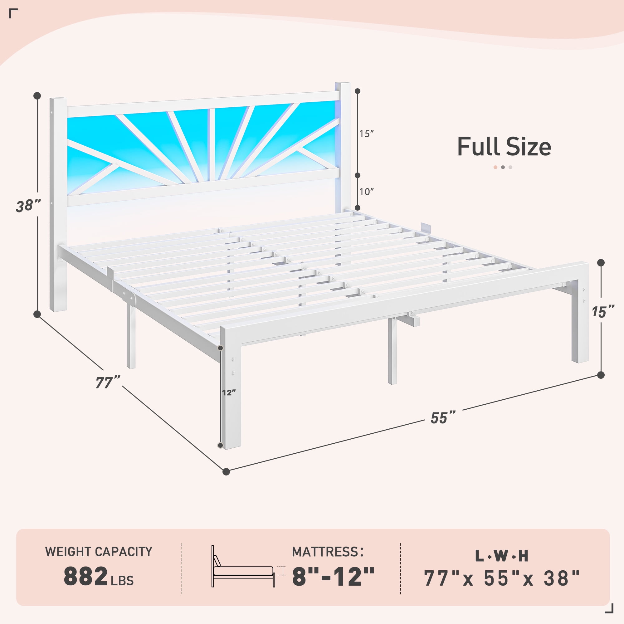 Full Size Metal Bed Frame with Headboard Metal Platform & LED Lights & Storage Underbed, Noise Free, No Box Spring, White