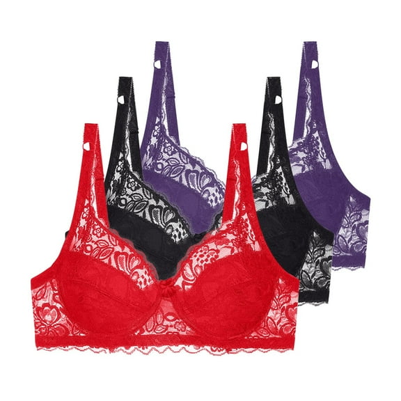jobturf 3 Pack Bras for Women Lace Sheer Seamless Push Up Bralettes with Underwire Full Coverage Unlined Balconette Plus Size Everyday Bra